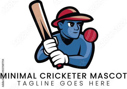 Cricketer mascot illustration shows cartoon sportsman with ball and bat