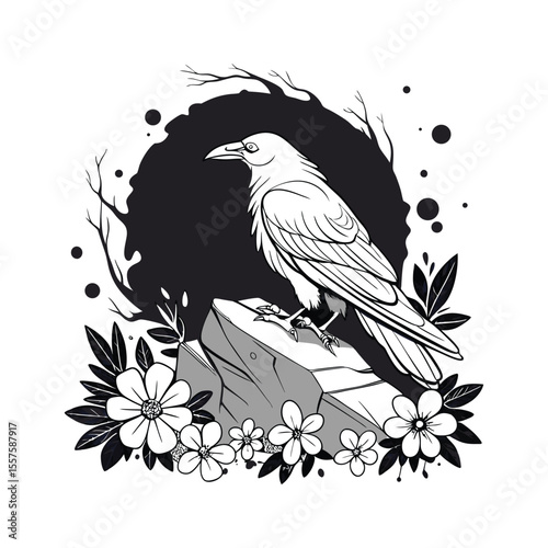 Monochrome Raven Illustration with Flowers and Ink Splash – Gothic Nature Tattoo Style Design , Black and White Ink Illustration for T-Shirt Design .