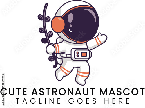 Cheerful astronaut mascot illustration waving with space greenery in hand