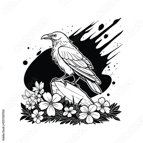 Monochrome Raven Illustration with Flowers and Ink Splash – Gothic Nature Tattoo Style Design , Black and White Ink Illustration for T-Shirt Design .