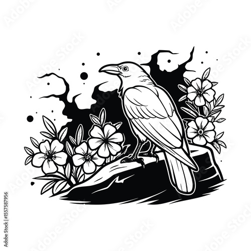 Monochrome Raven Illustration with Flowers and Ink Splash – Gothic Nature Tattoo Style Design , Black and White Ink Illustration for T-Shirt Design .