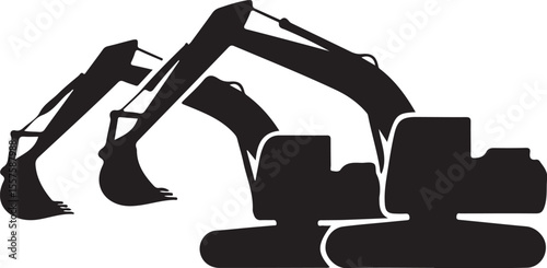 Two black excavator silhouettes with buckets extended isolated on white background