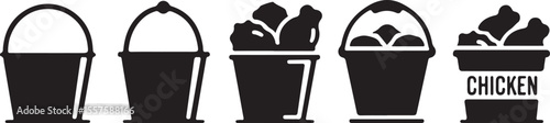 Set of five black silhouette buckets showing progression of fried chicken in buckets isolated on white background