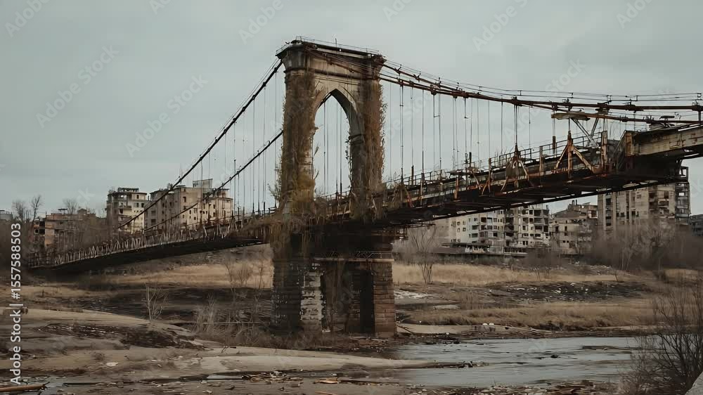 Decayed Bridge Decayed bridge with an urban skyline and overcast sky, conveying themes ...