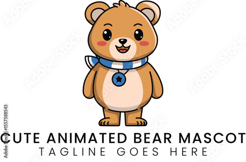 Adorable cartoon bear mascot with a blue scarf stands cheerfully