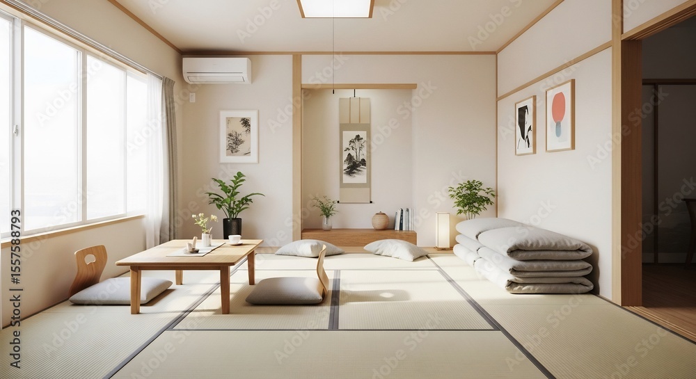 A bright, minimalist Japanese-style living room, featuring tatami mats, low furniture, and serene artwork.