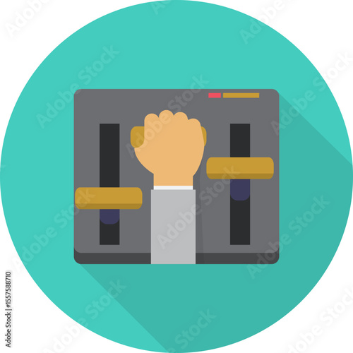 Illustration of a hand adjusting sliders on a mixing console against a teal circular background