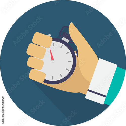 Illustration of a hand holding a stopwatch with a red second hand against a blue background