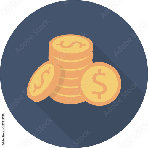 Illustration of a stack of gold coins with dollar signs on a blue circular background image