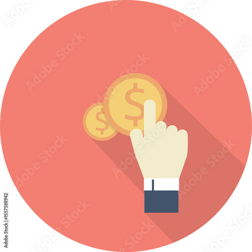 Illustration of a hand pointing at gold coins with dollar signs on a red circular background