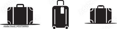 Collection of three black suitcase icons with different styles isolated on white background