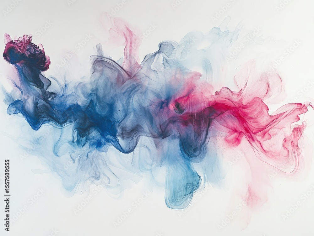 Fototapeta premium Abstract ink composition with flowing, liquid-like patterns in vibrant blues and reds, spreading across a white canvas.
