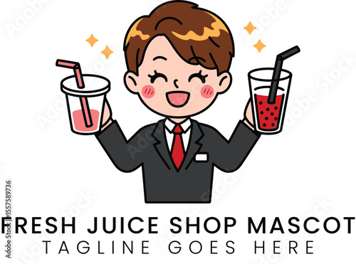 Cheerful mascot holding juice cups promotes fresh drinks and beverage sales