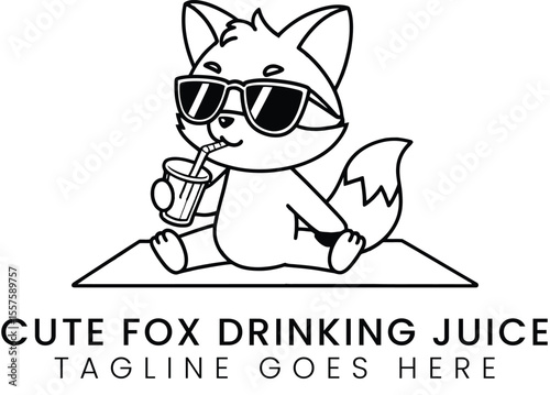 Adorable fox sipping juice with sunglasses, a cool and refreshing cartoon design.