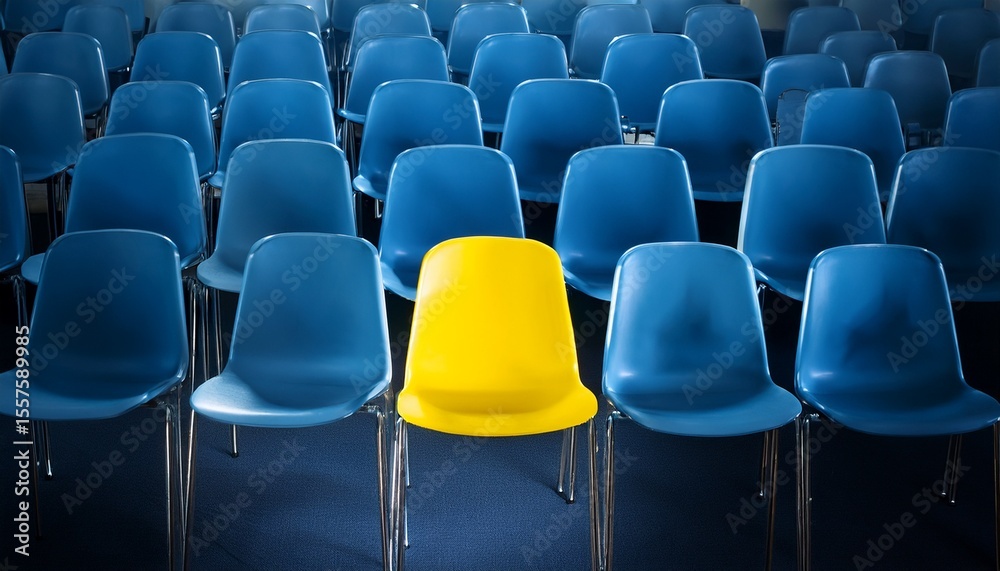 Naklejka premium yellow chair spotlighted among blue chairs