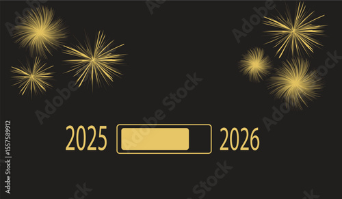 Progress bar between years with fireworks on black background