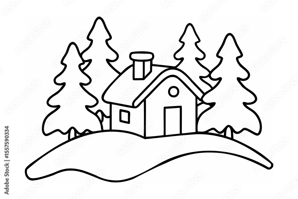 Naklejka premium Cozy cabin surrounded by pine trees on snowy hill house