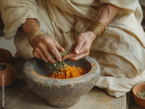 Close-up of a healer grinding herbs in a stone mortar, earthy tones and warm lighting creating a natural feel. photo