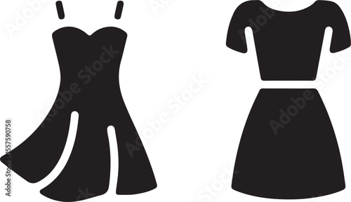 Two black silhouette dresses one short strap dress and one short sleeve dress isolated on white background
