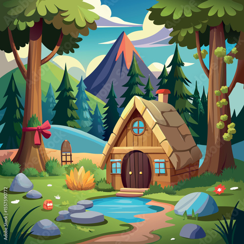 Charming cartoon forest hut illustration with vibrant nature elements