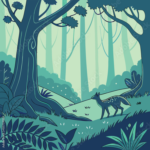 Illustration of a spotted deer standing in a forest with tall trees and lush green foliage scenery