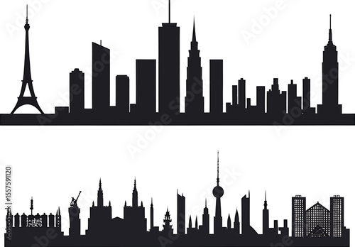 A vector illustration of the London city skyline silhouette, showcasing iconic urban architecture and business skyscrapers at sunset