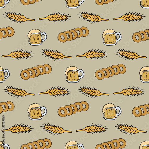 Seamless pattern with hand drawn beer mugs and snacks.eps