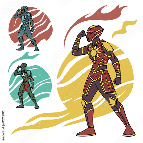 Three stylized figures in futuristic suits standing against planet backgrounds in various colors