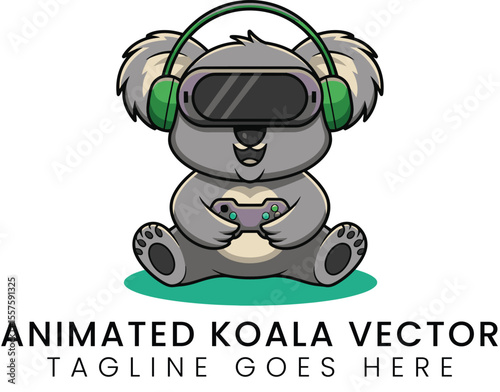 Cartoon koala gaming with vr headset, cute vector design for entertainment
