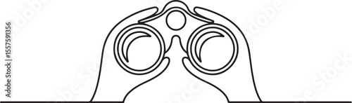 Minimalist line art of hands holding binoculars isolated on white background
