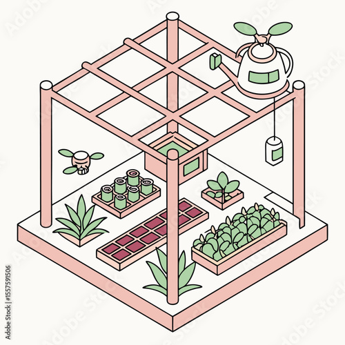 Isometric view of a greenhouse with plants, watering can, and a small drone inside the structure
