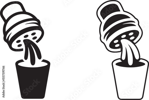 Two stylized icons of a shower head pouring water into a cup isolated on white background