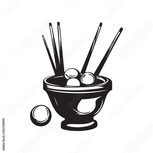 Vector illustration of a billiard cue stick and billiard balls shown whole and in cross-section view, highlighting their internal structure and details. 