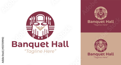 Minimalist Banquet Hall Logo Featuring Dining Table with Silverware in Burgundy