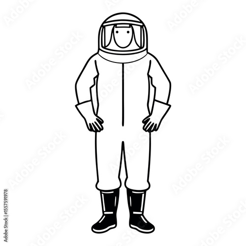 Detailed line art illustration of a beekeeper in full protective gear
