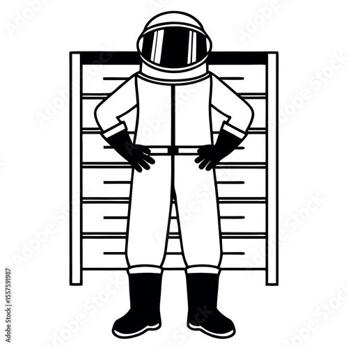 Detailed line art illustration of a beekeeper in full protective gear