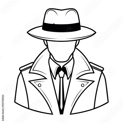 Stylized line art of a classic detective in fedora and trench coat