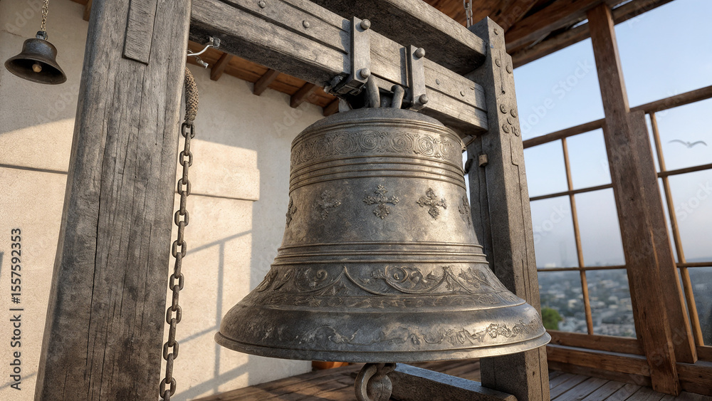 A silver bell with ornate designs hangs from a wooden structure against a blurred background of mountains and a clear sky. A silver bell with ornate designs hangs from a wooden structure against a blurred background of mountains and a clear sky.