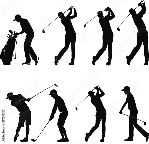 Dynamic vector silhouettes of golfers in mid-swing, perfect for sport and recreation illustrations