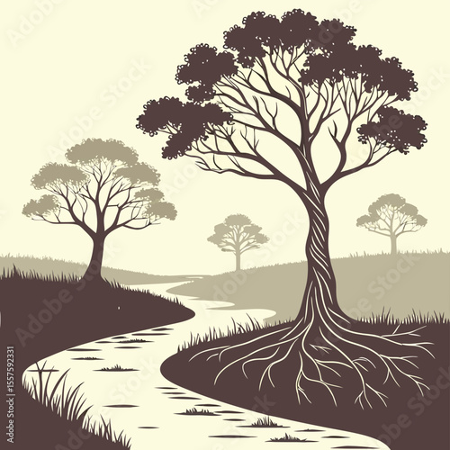 Illustration of trees reflected in a river with a light background and grassy banks in silhouette