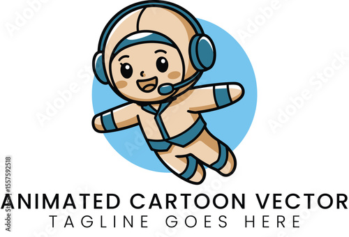 Smiling cartoon astronaut floats on a blue circle background