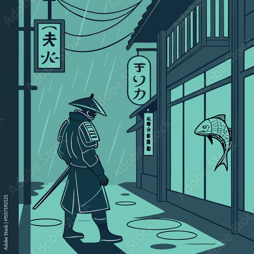 Samurai stands guard in a stylized japanese street scene with fish in the sky and signs hanging down