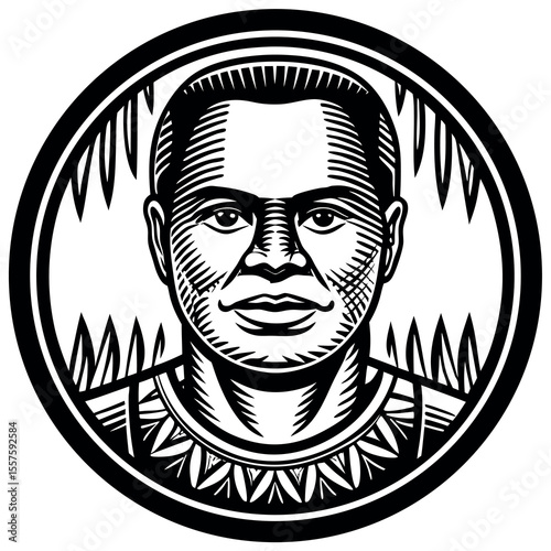 Traditional linocut style portrait of a zulu man in detailed profile
