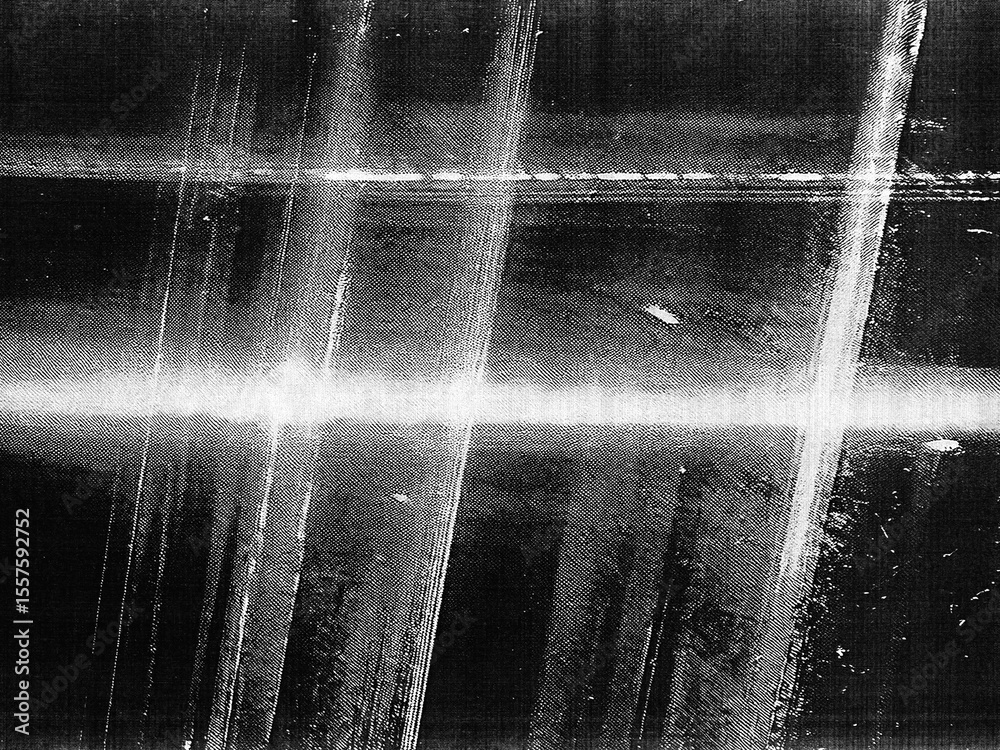 Naklejka premium Old film texture with scratches, noise and glitch shapes. Realistic overlay film texture in black-white, dust and grain. 