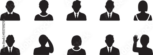 Collection of diverse silhouette people icons representing men and women isolated on white background
