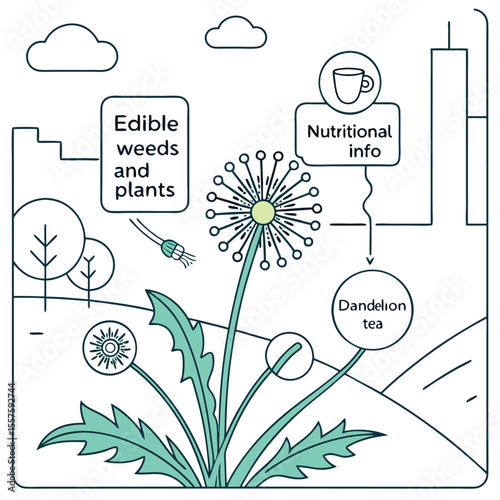Illustration of dandelion plant with edible weeds and plants label and dandelion tea information