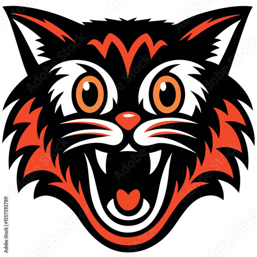Dynamic screaming black cat head sports mascot design illustration