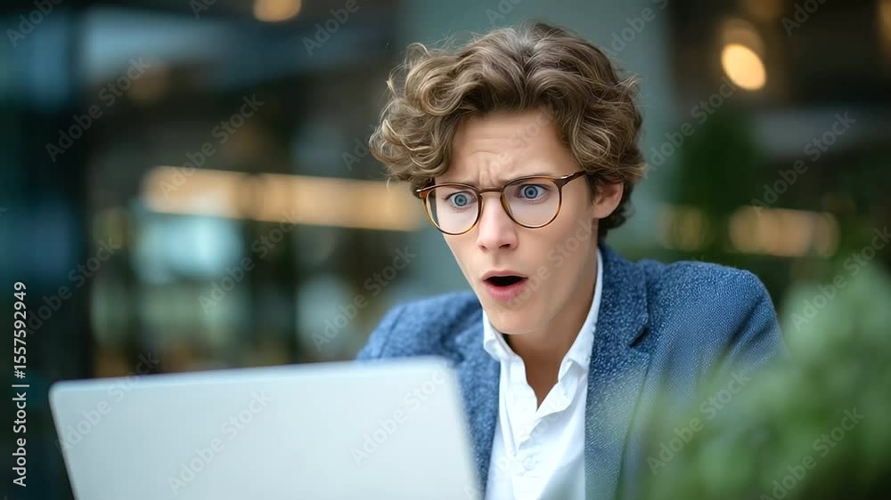 Close-up of employee’s expression reading email, emotions ranging from surprise to calm.
