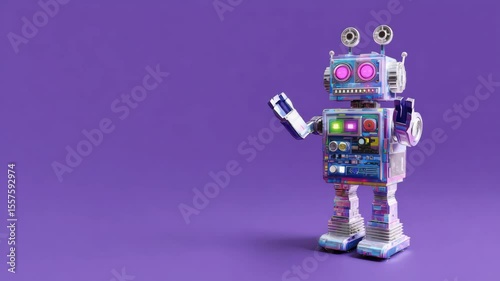 Retro robot operating smartphone on purple background with animated movements