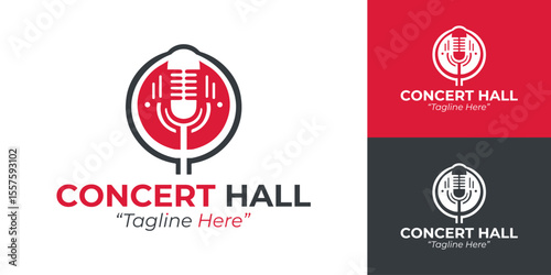 Red and Black Concert Hall Logo Featuring Microphone and Music Vibes
